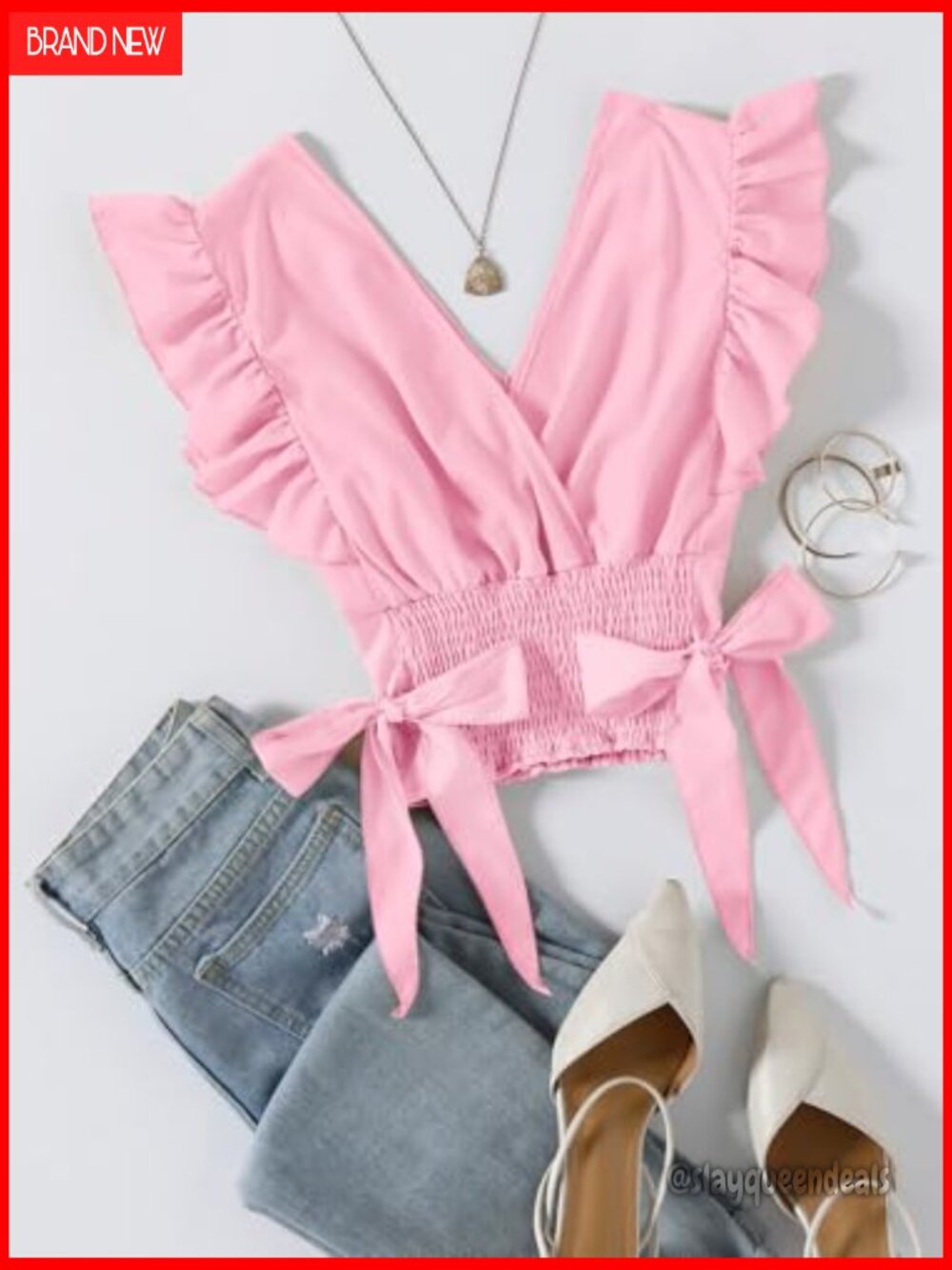 V Neck Ruffle Cap Sleeve Side Bow Shirred Hem Summer Crop Tank Top - Picture 2 of 5